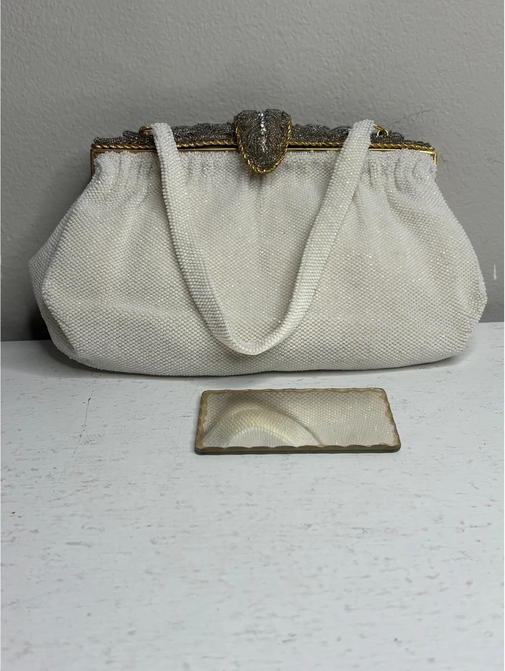 Vintage Manhill Paris White & Silver Seed Bead with Rhinestone Evening Bag